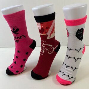 Valentines Day Fun Novelty Womens Socks Lot Of 3 Cute Cat & Heart Designs